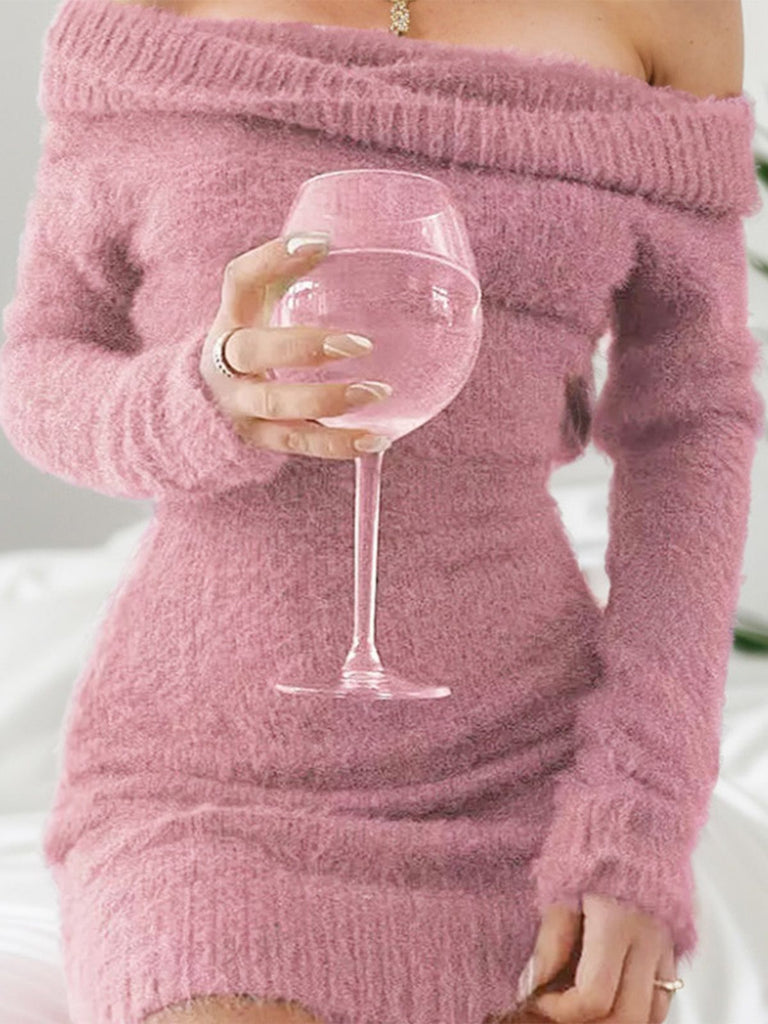 Robe à épaules dénudées manches longues en mohair des années 1980