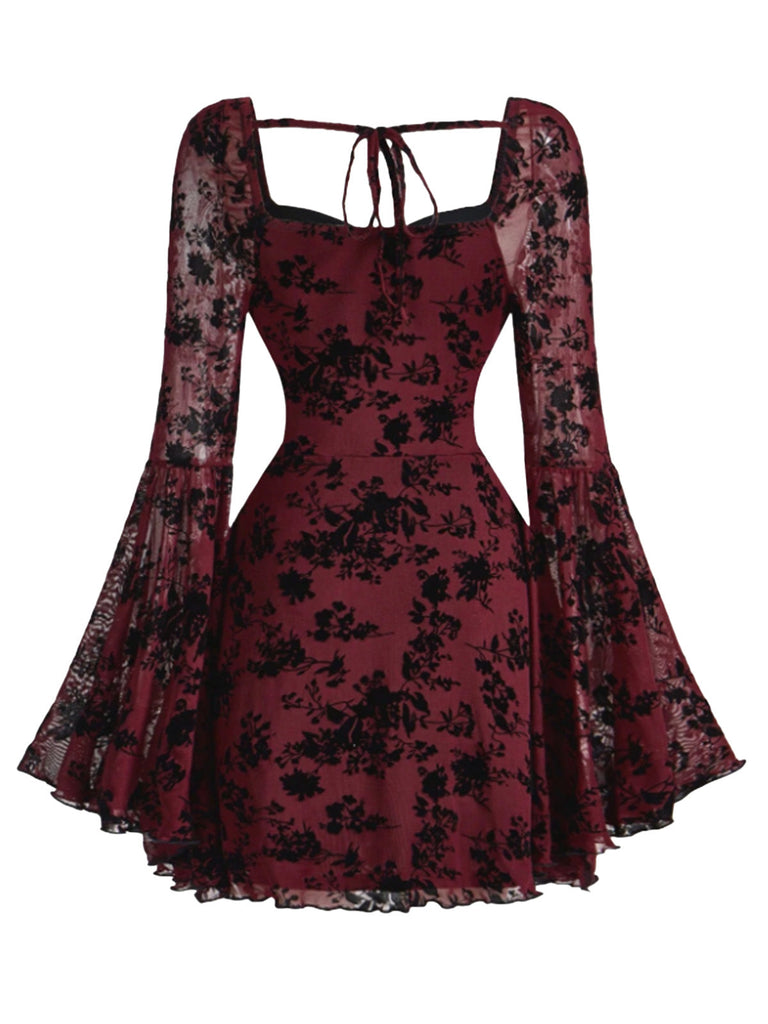 [Prévente] Robe vin rouge en dentelle florale manches évasées des années 1950