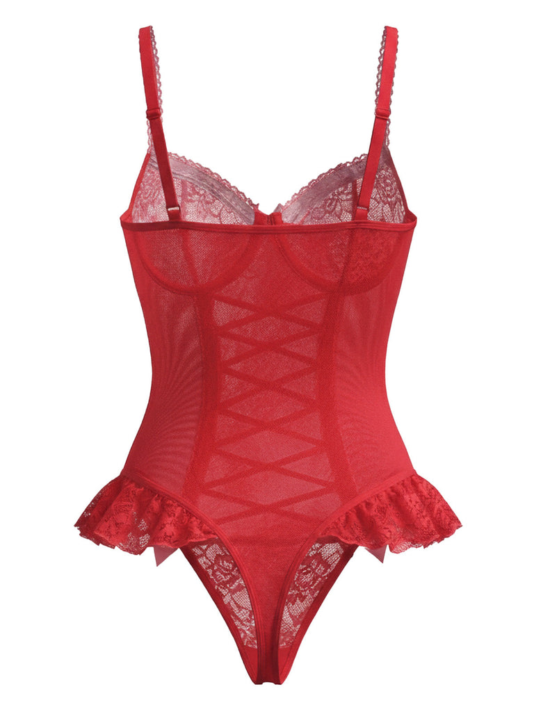 Corset en dentelle rouge avec nœud et bas assortis années 1960