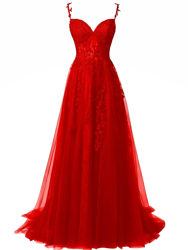 Robe longue rouge en tulle et dentelle à fines bretelles des années 1930