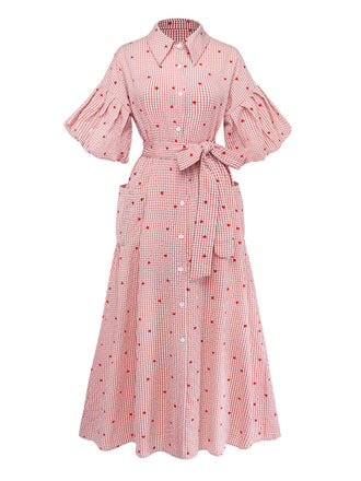 Robe Ceinturée Rose Carreaux Cœur Manches Lanterne Années 1940