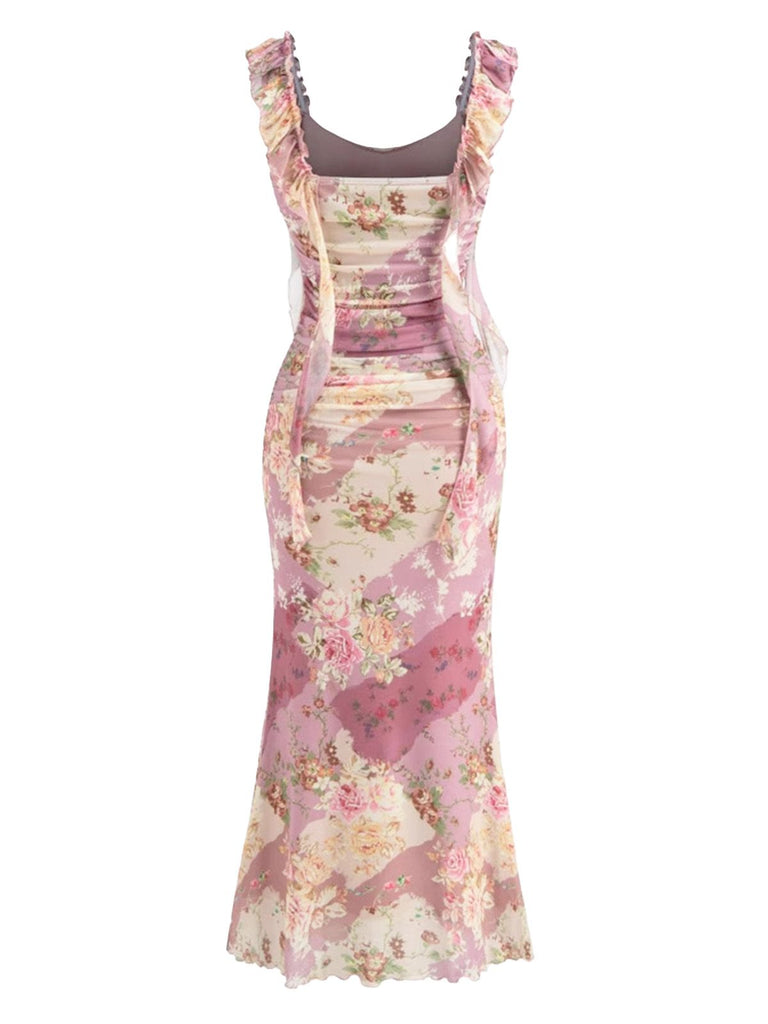 Robe longue rose poudré à volants et détails floraux années 60