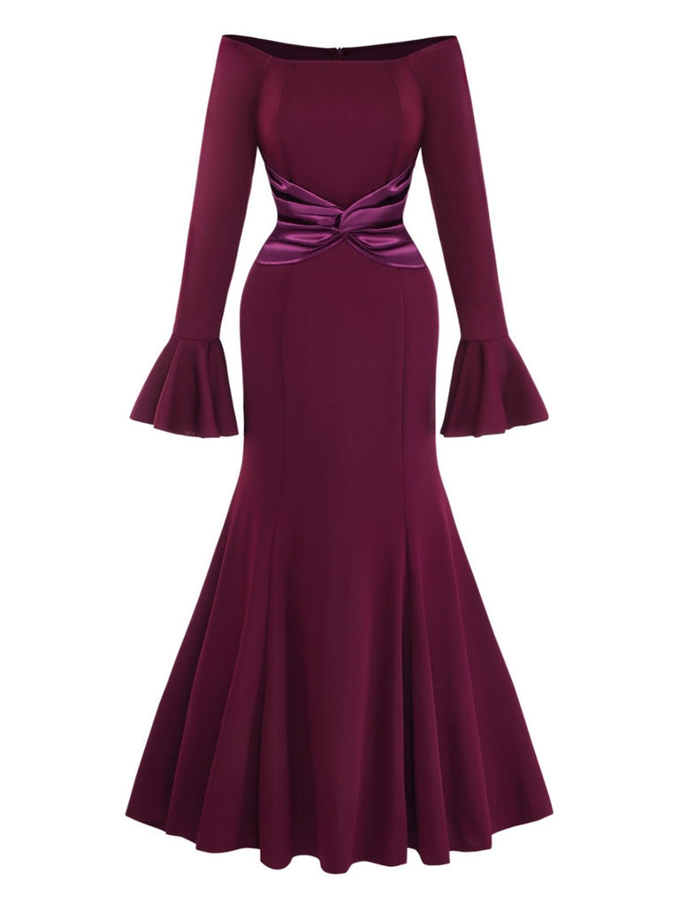 Robe plissée unie à épaules dénudées et manches cloche années 1930