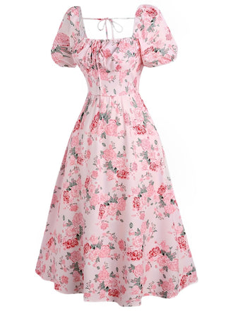 [Grande taille] Robe fleurie rose à col carré des années 1950