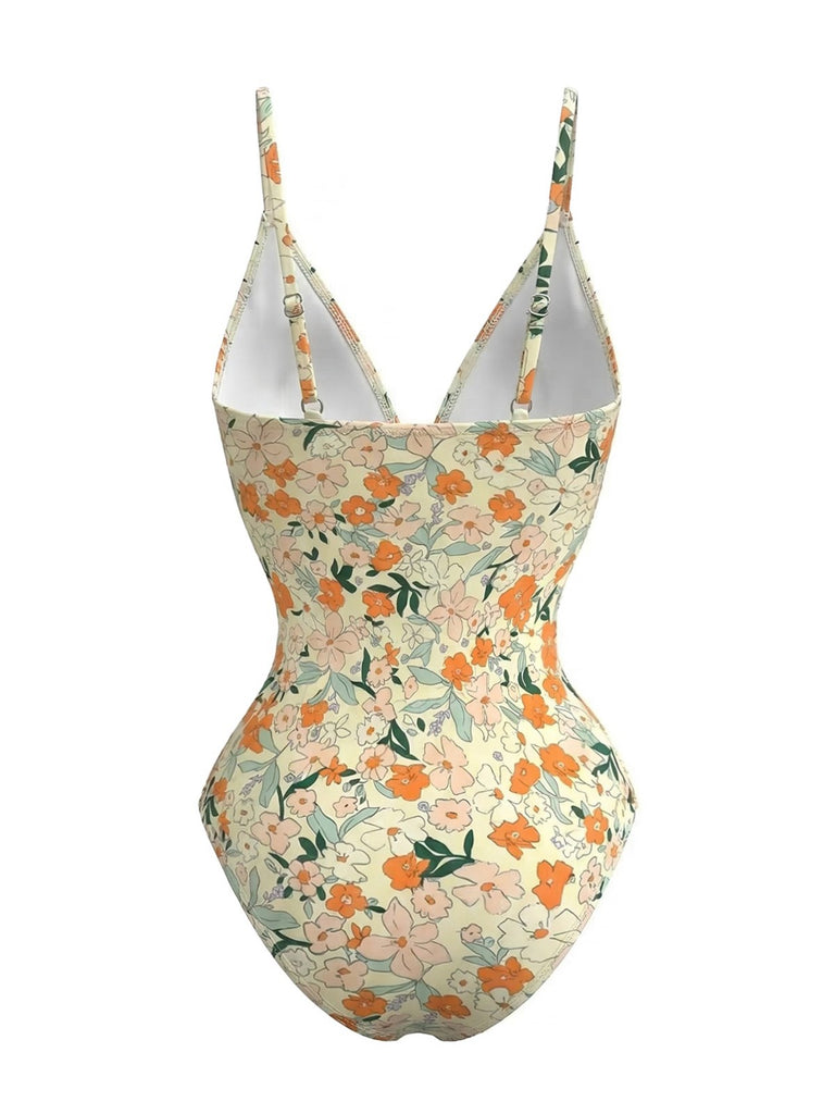 Maillot de bain une pièce fronces et col V fleuri années 1980