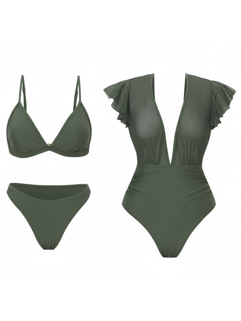 Ensemble bikini et paréo en maille unie années 1960