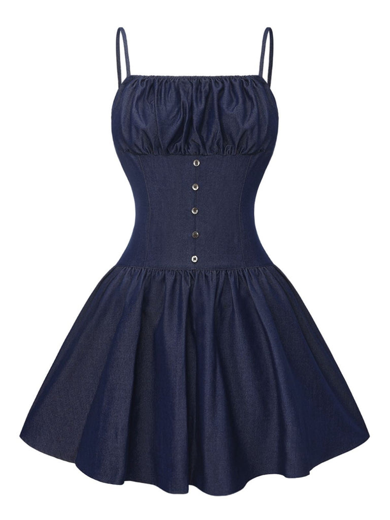 Mini-robe froncée bleue à bretelles spaghetti années 1960
