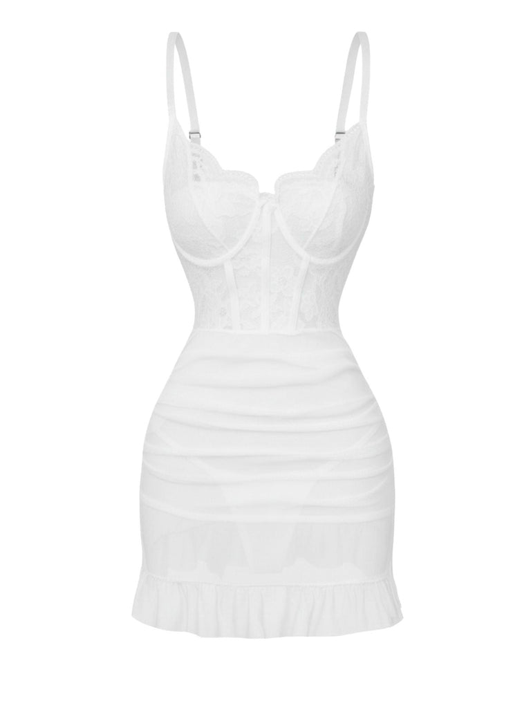 Nuisette en dentelle transparente à armatures et volants années 1980