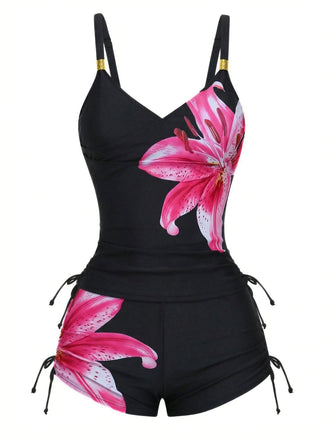 Ensemble tankini à lacets uni à motif floral années 1950