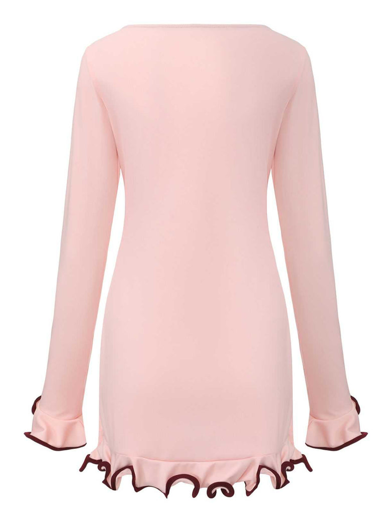 Robe rose manches longues et ourlet volants style années 60