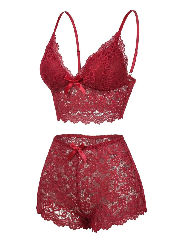 Ensemble De Pyjama Bretelles Fin Dentelle Fleurie Nœud Rouge Année 1960
