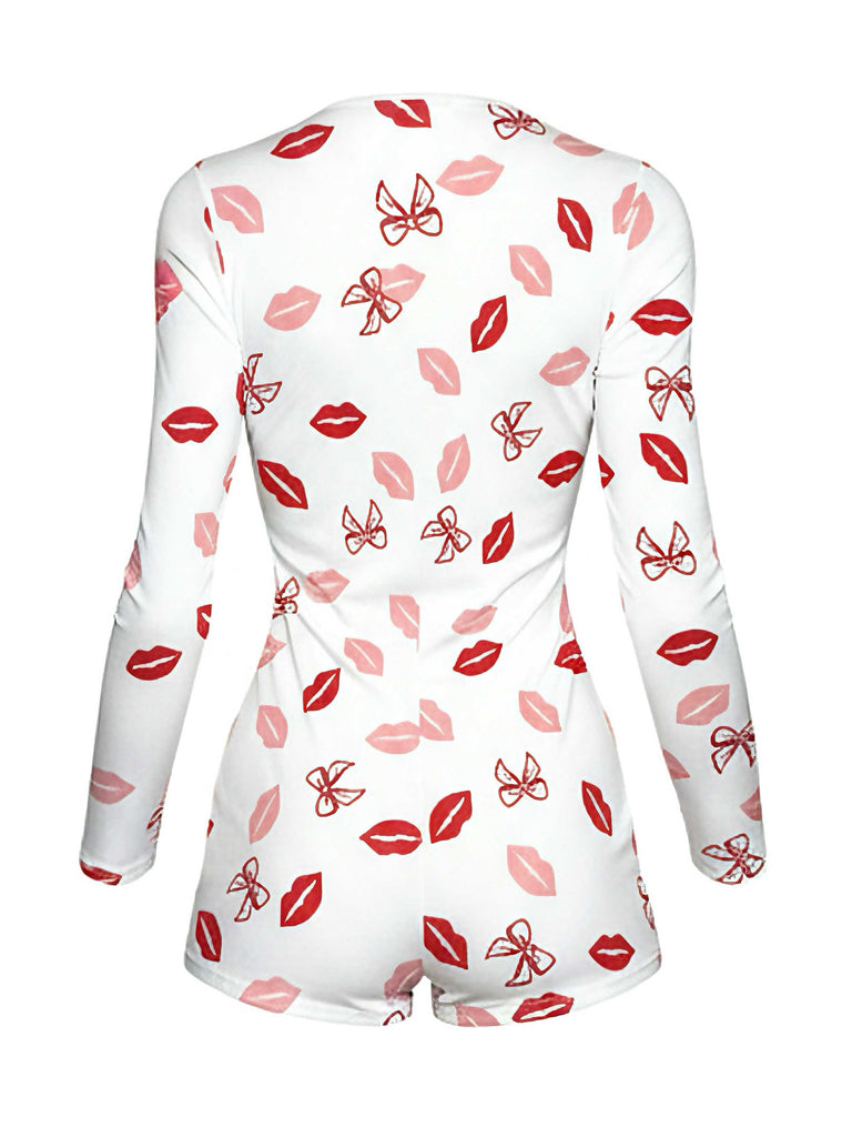 Combinaison pyjama col en V et imprimé cœur années 80