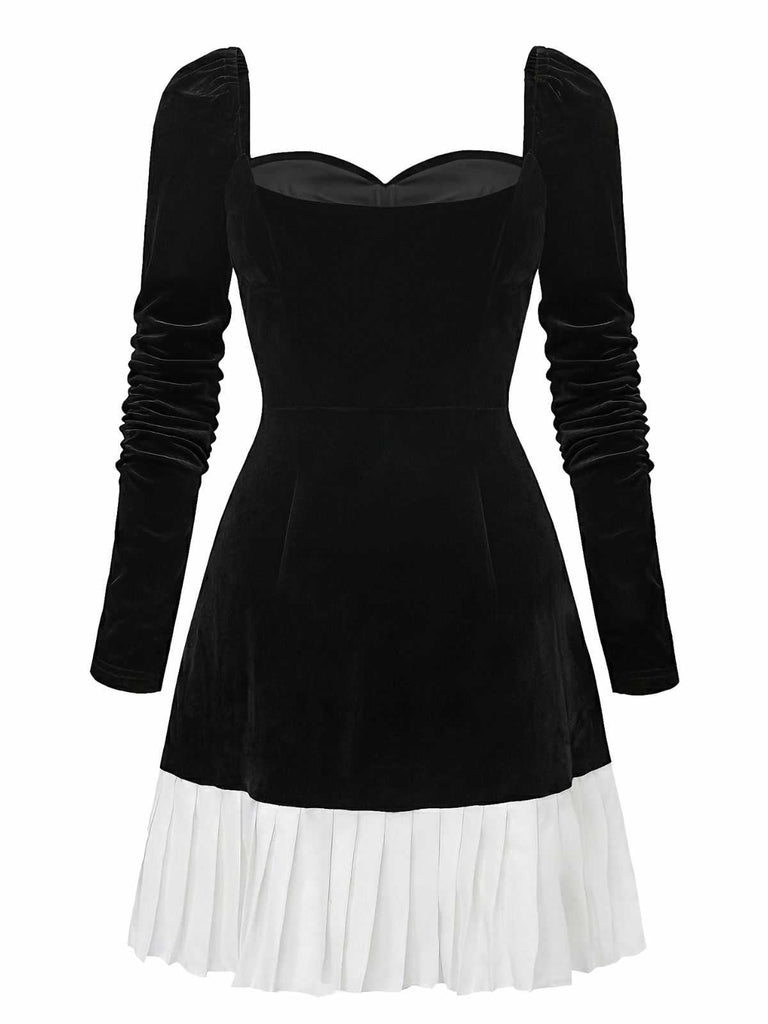 Robe col cœur et ourlet plissé en velours noir et blanc contrastée années 60
