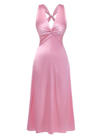 Robe Midi Satin Col V Torsadé Rose Année 1930
