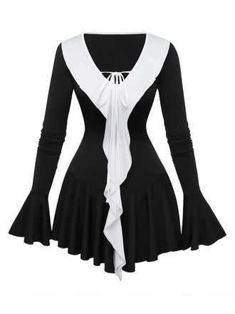 Robe péplum à volants noire et blanche années 1960