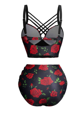 Ensemble bikini gothique roses noir à bretelles années 1980
