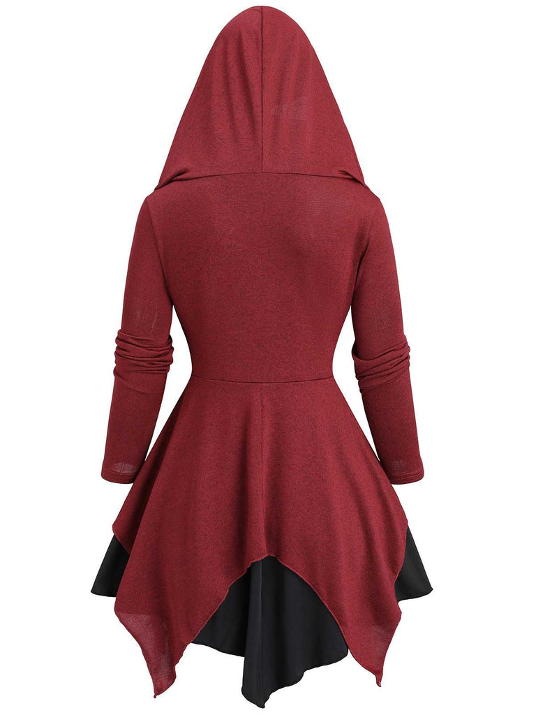 Haut tunique à capuche gothique rouge à ourlet asymétrique des années 1980