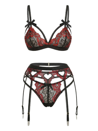 3PCS Ensemble De Lingerie Dentelle Noire Motif Cœur Année 1960