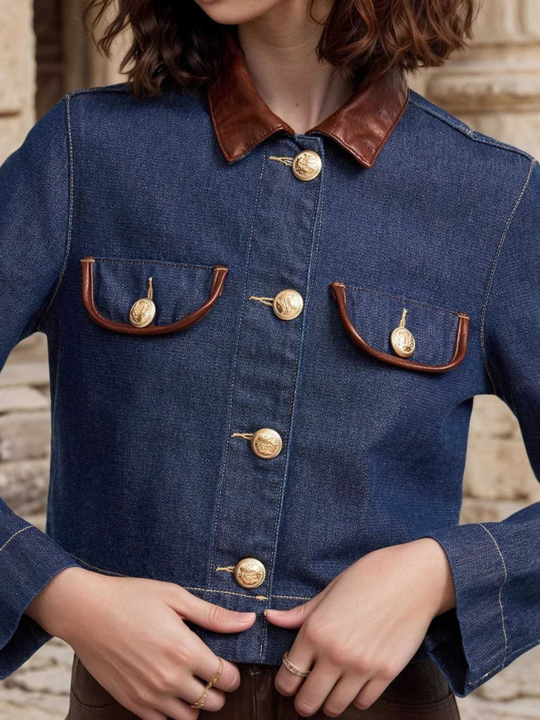 Veste en jean avec poche et col en cuir années 1950
