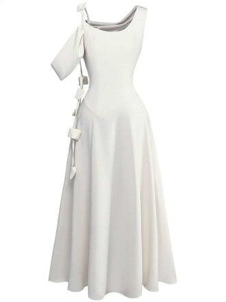 Robe midi asymétrique drapée à une épaule des années 1980