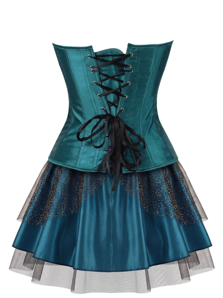 2PCS Corset brodé de motifs de plumes de paon et jupe plissée en tulle