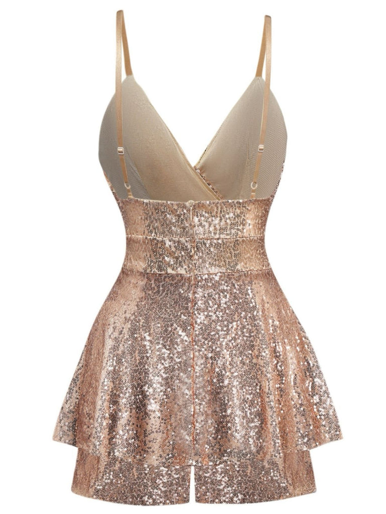 Combishort-culotte à bretelles et col en V à paillettes des années 1960