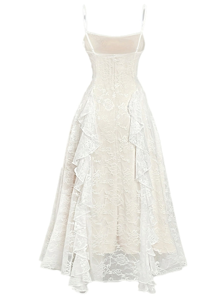 Robe beige en dentelle fleurie à volants et nœud années 1940