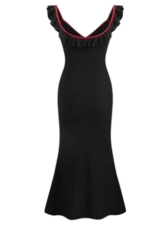 Robe sirène noire en tricot à volants et col en V des années 1930