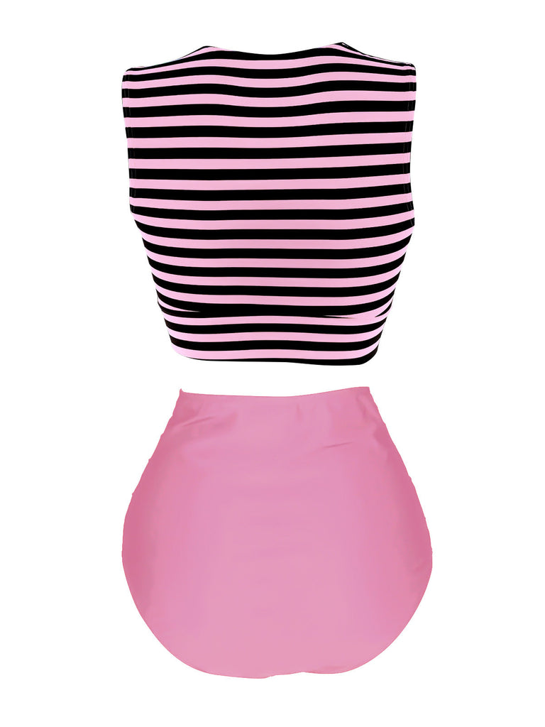 Maillot de bain à rayures à lacets violette des années 1970