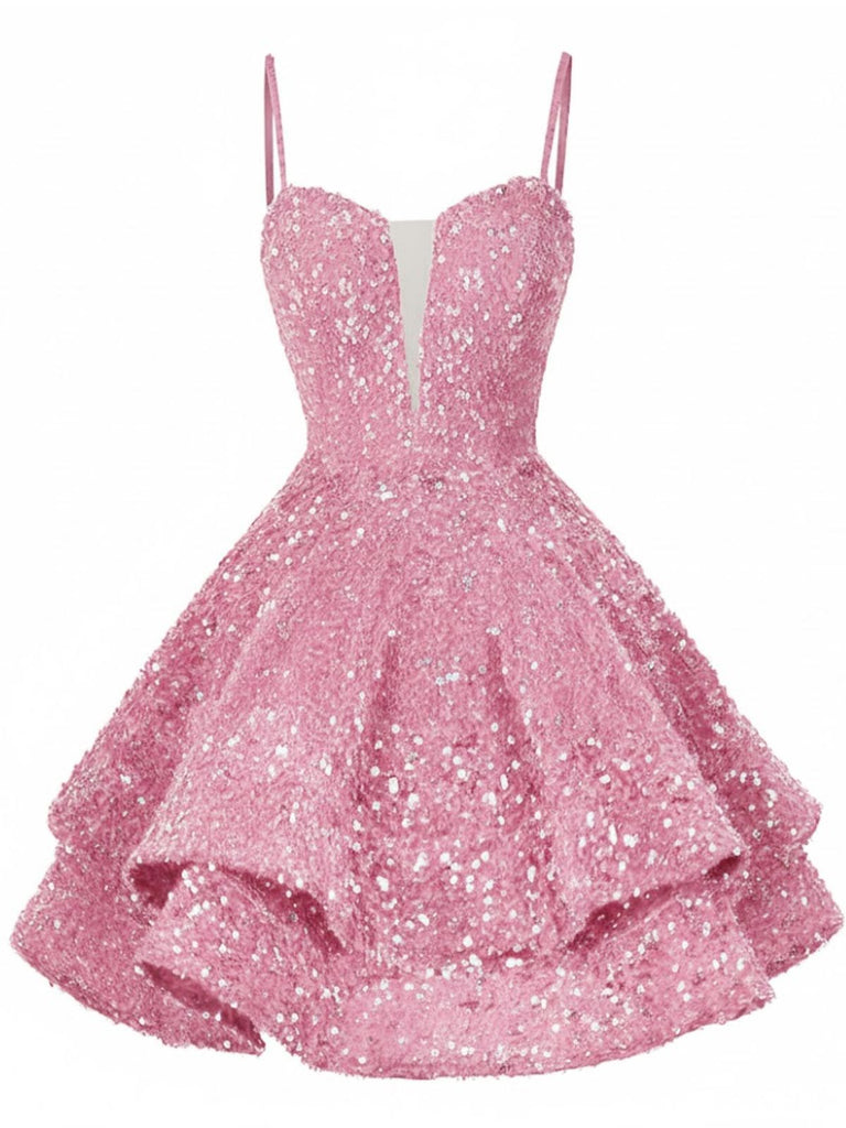 Robe de soirée mini rouge à paillettes décolleté en V profond et lacets années 1950