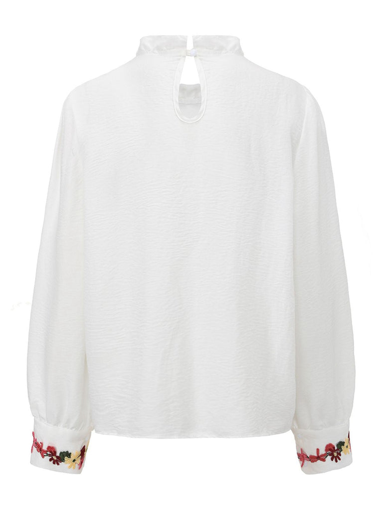 Chemisier blanc col volanté brodé de fleurs style années 1930