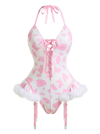 Ensemble de lingerie en peluche lacets et dos nu motifs vache années 1960