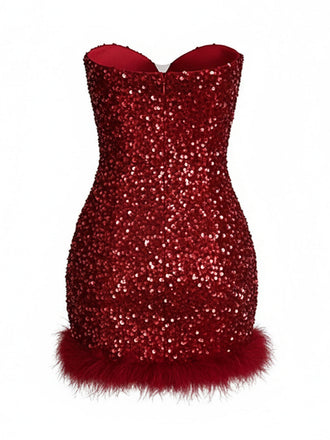 Robe courte lie-de-vin bustier à sequins et plumes années 1980 - 2