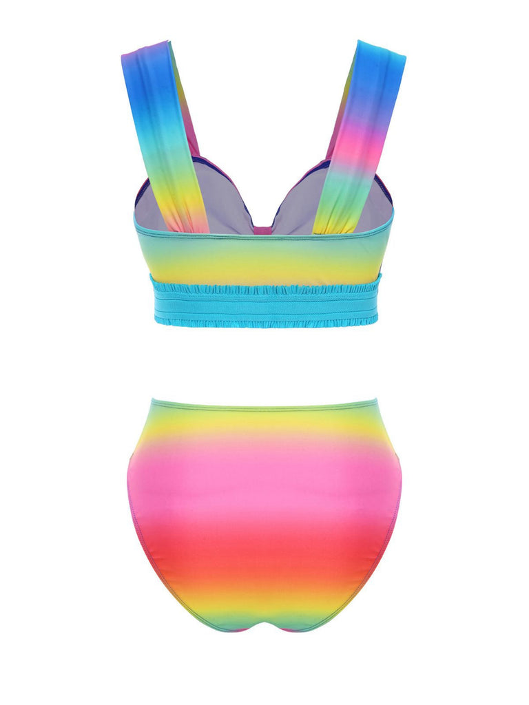 Ensemble bikini froncé multicolore dégradé arc-en-ciel et cache-maillot années 1960
