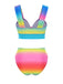 Ensemble bikini froncé multicolore dégradé arc-en-ciel et cache-maillot années 1960