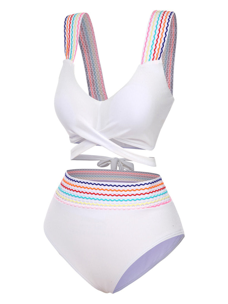 Ensemble bikini à bretelles larges noué dans le dos colorblock des années 1940