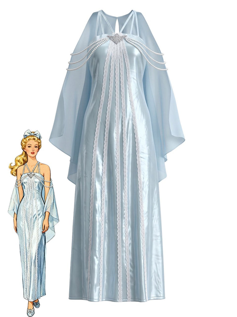 Robe longue bleu clair à manches cape inspirée d’Amidala années 1980
