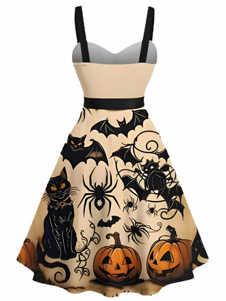 Robe trapèze orange imprimé citrouille et chat noir Halloween années 1950