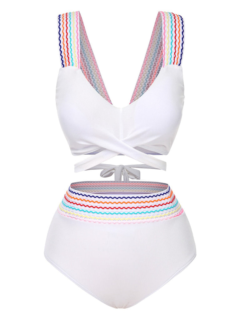 Ensemble bikini à bretelles larges noué dans le dos colorblock des années 1940