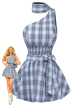 Robe à carreaux bleus avec bandeau assorti sur fond blanc