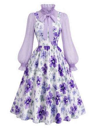 [Prévente] 2PCS Ensemble Blouse à Col Lavallière et Robe à Petites Fleurs Années 1950 - 2