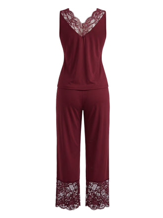 [Grande Taille] 2PCS Ensemble Pyjama à Caraco Bordé de Dentelle Années 1940 - 2