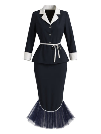 [Prévente] 2PCS Ensemble Veste à Revers avec Ceinture et Jupe Sirène à Ourlet en Tulle Années 1960 - 2