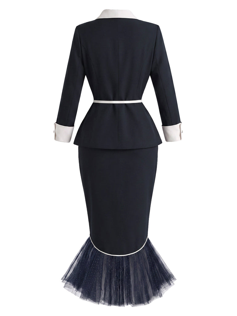 [Prévente] 2PCS Ensemble Veste à Revers avec Ceinture et Jupe Sirène à Ourlet en Tulle Années 1960 - 4