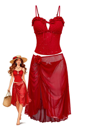 Two-piece red 1960s-inspired tankini with cutout design and coordinating mesh cover-up, perfect for retro poolside glamour and beach vacations