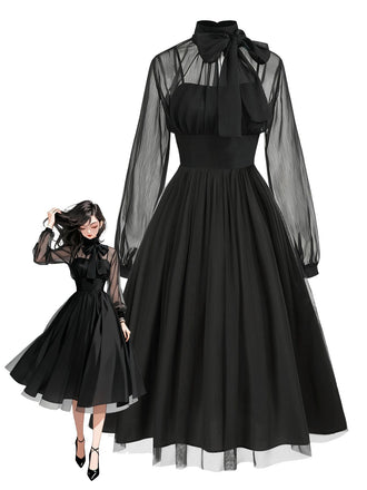 [Pré-vente] Robe noire à lacets en maille transparente patchwork années 1950