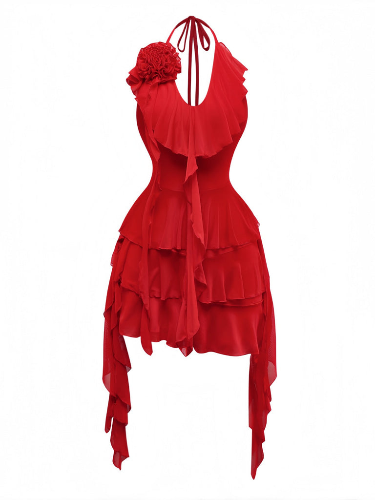 Robe dos nu rouge à volants et laçage floral 3D des années 60
