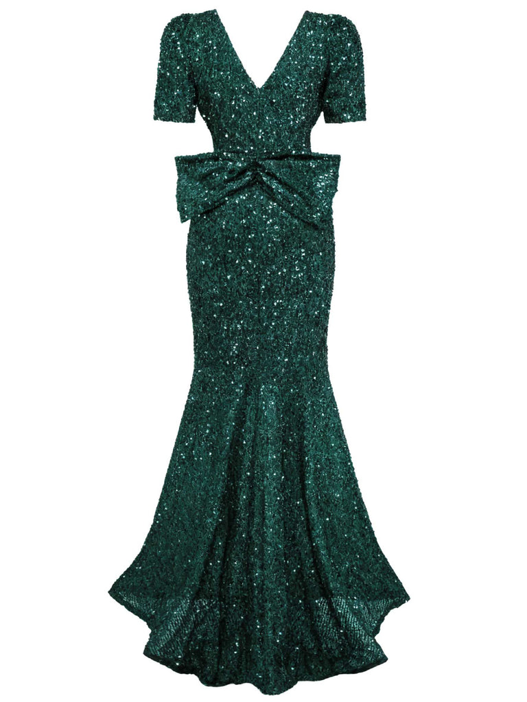 [Prévente] Robe sirène longue à paillettes et nœud rouge vin années 30