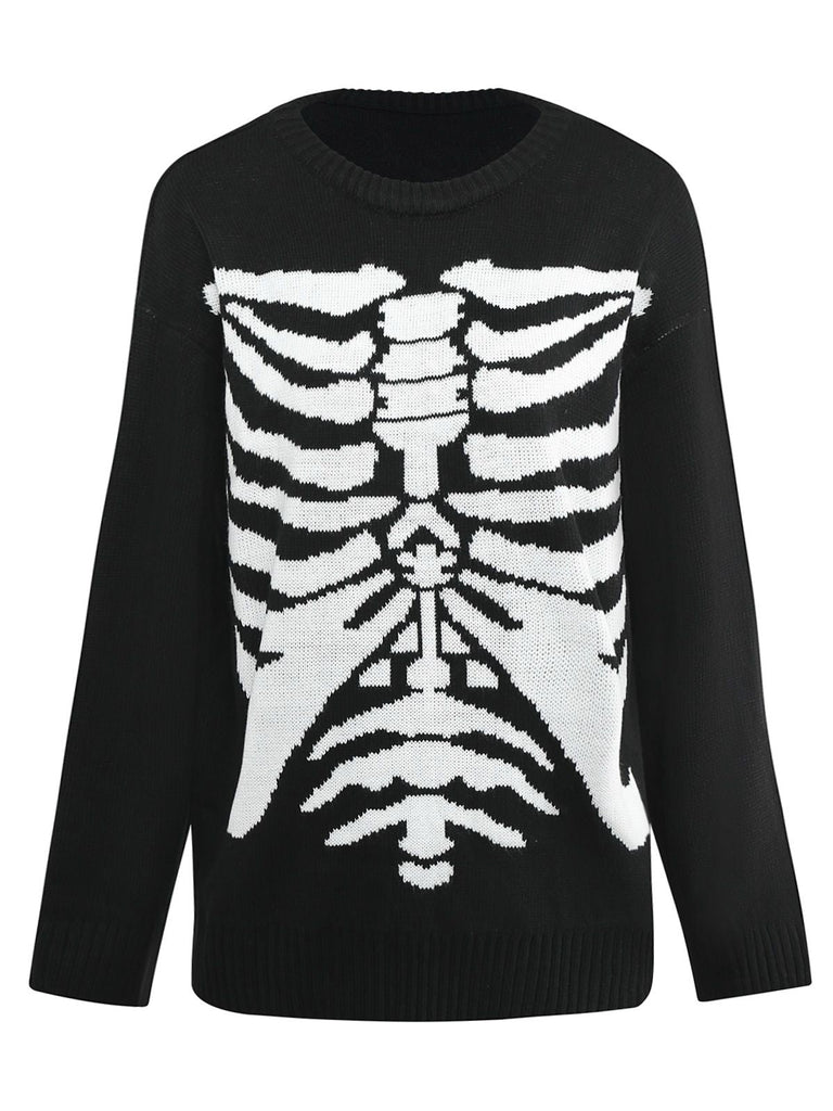 Pull en tricot noire à squelette Halloween années 1950