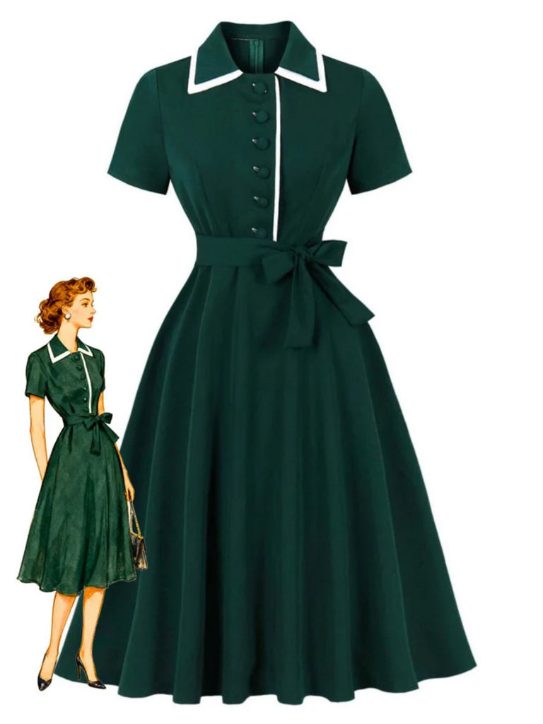 Robe trapèze vert foncé à revers contrastés années 1950
